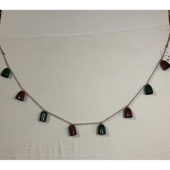 Jingle Bells Garland Christmas Holiday 2 Set Metal Green Maroon Rustic Jute New - Picture 1 of 10